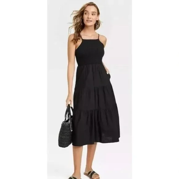 Universal Thread Smocked Linen cotton blend Midi Sundress Black size small - Picture 5 of 13